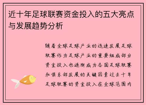 近十年足球联赛资金投入的五大亮点与发展趋势分析